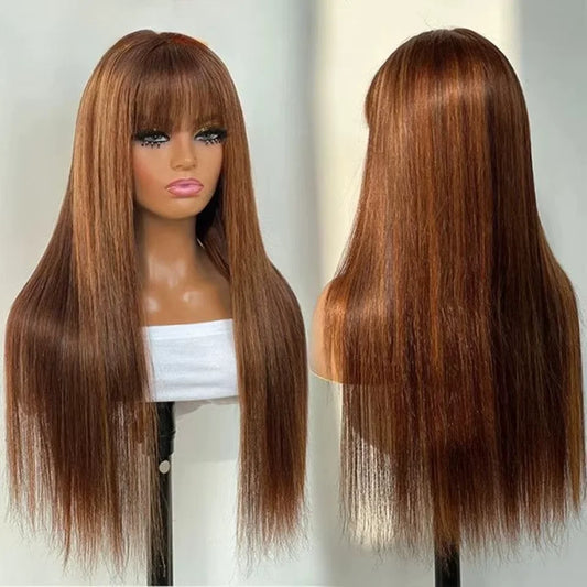 Highlight P4/30/27 100% Human Hair Wigs Straight With Bangs Fringe Brazilian Straight Human Hair Wigs Full Machine Made Wigs
