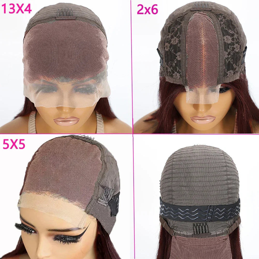 16A 100% Human Hair 99j Super Double Drawn Bone Straight Bob Wigs Human Hair Burgundy 5x5 2x6 Glueless HD Lace Wigs For Women